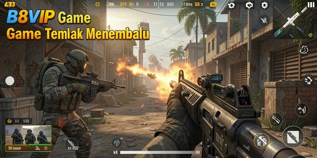 Screenshot utama B8VIP menunjukkan aksi tembak-menembak yang mendebarkan.