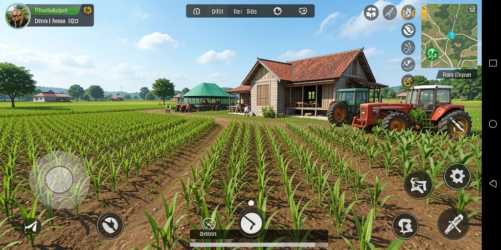 Tampilan utama gameplay DY01 yang menampilkan lahan pertanian yang subur dan hewan peliharaan.