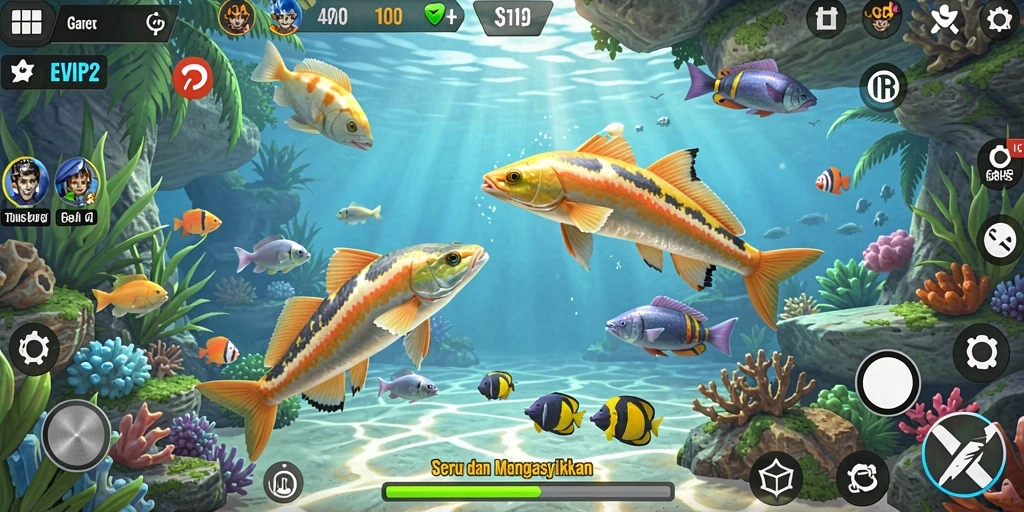 Tampilan gameplay seru EVIP2 dengan berbagai ikan menarik.