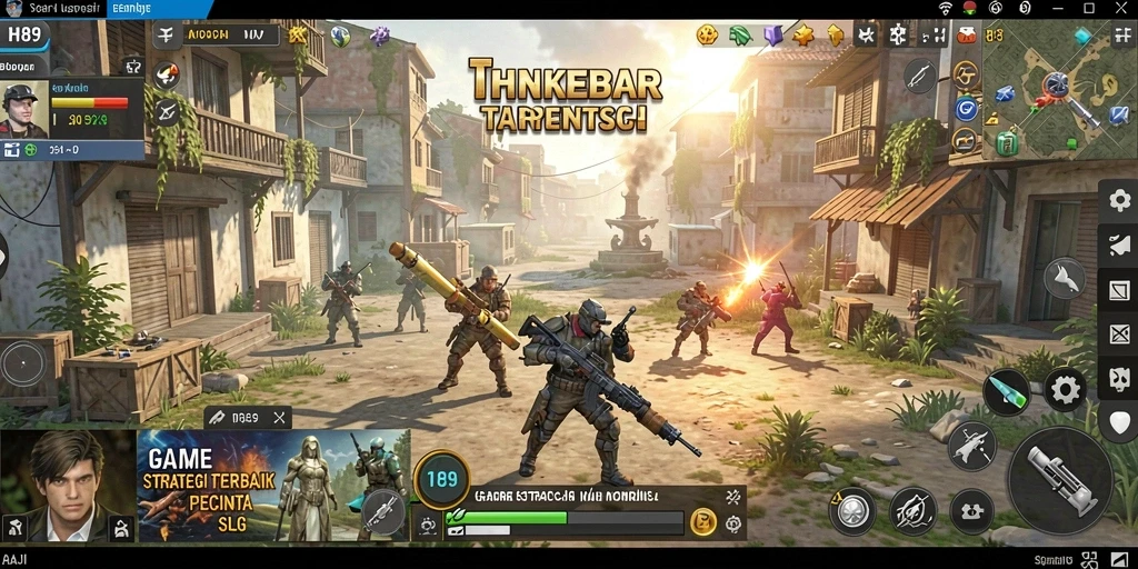 Tampilan screenshot H89 yang menampilkan aksi pertempuran dan pembangunan kota.