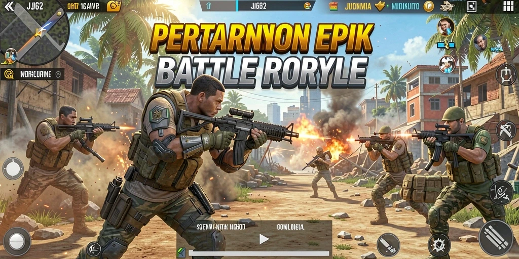 Screenshot gameplay JJ62 menampilkan pertempuran intens dalam arena Battle Royale.