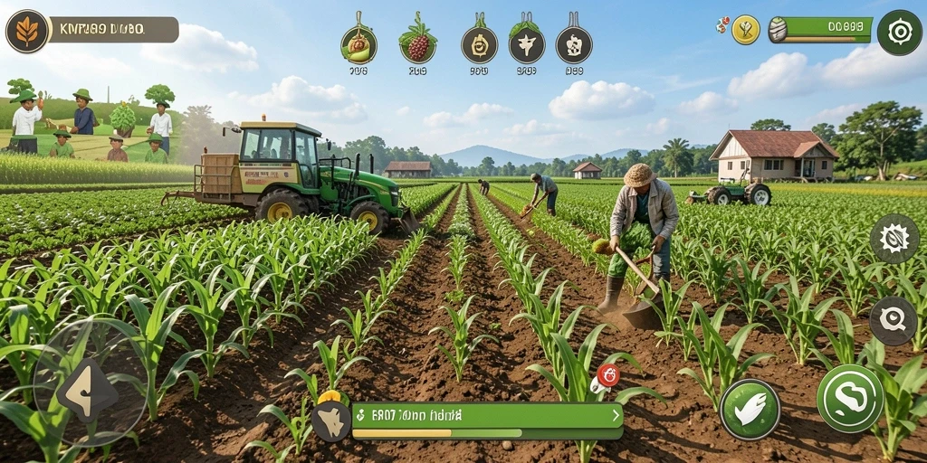 Tampilan gameplay KM789 dengan kebun yang luas dan hewan ternak.