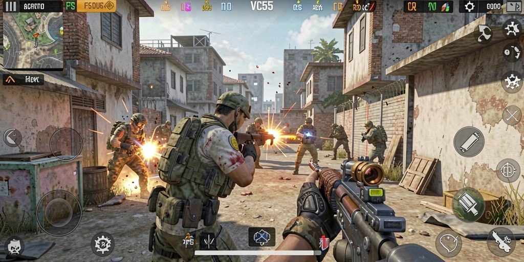 Screenshot menunjukkan aksi mendebarkan dalam gameplay FPS VC55.